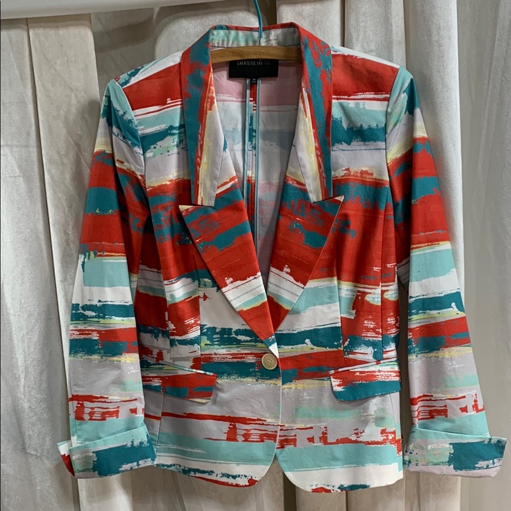 Like new Lafayette 148 New York blazer Sz 10 red green aqua white gray cotton